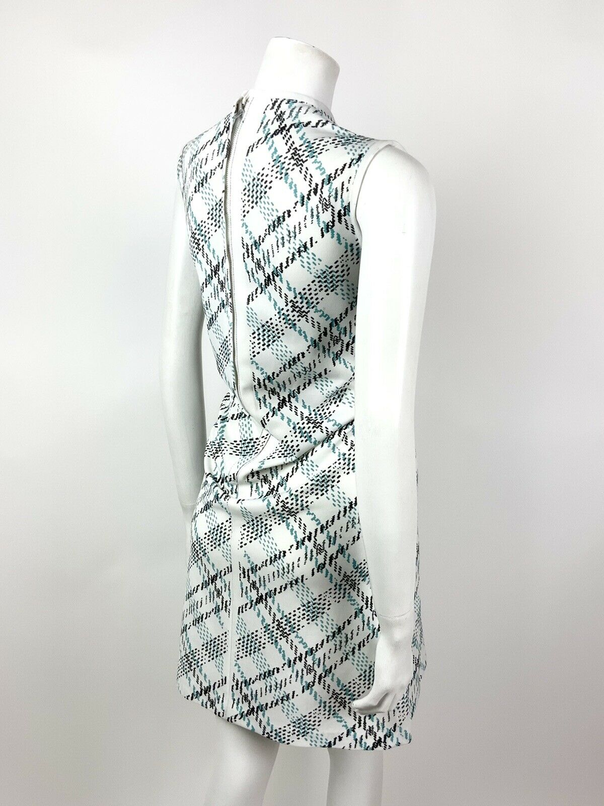 VINTAGE 60s 70s WHITE BLUE BLACK PLAID CHECKED MOD SLEEVELESS SHIFT DRESS 10 12