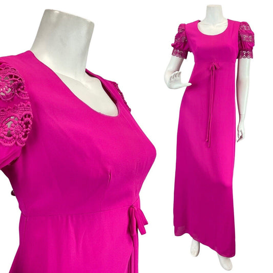 VINTAGE 60s 70s FUCHSIA PINK LACE EMPIRE LINE MOD MAXI DRESS 10