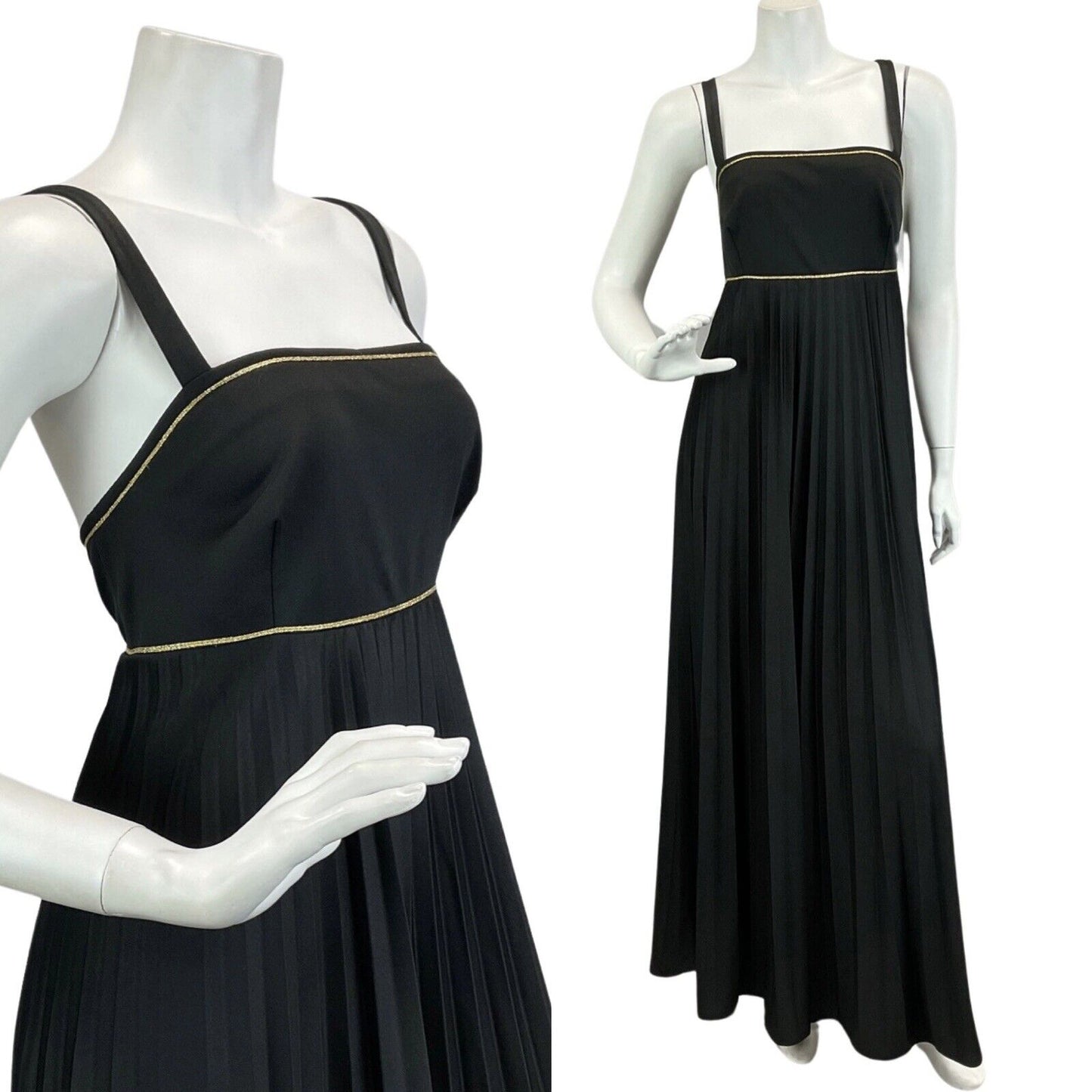 VINTAGE 60s 70s BLACK GOLD CROSS BACK PLEATED DISCO BOHO FOLK  MAXI DRESS  10 12