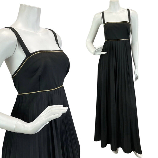 VINTAGE 60s 70s BLACK GOLD CROSS BACK PLEATED DISCO BOHO FOLK  MAXI DRESS  10 12