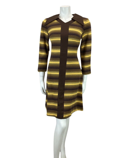 VINTAGE 60s 70s BROWN YELLOW STRIPED MOD BOHO DAGGAR COLLAR MIDI DRESS 10 12