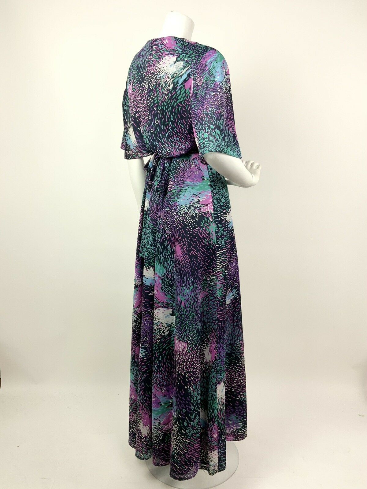 VTG 60s 70s BLACK PINK GREEN PURPLE ABSTRACT SHEER CAPE SLEEVE MAXI DRESS 12 14