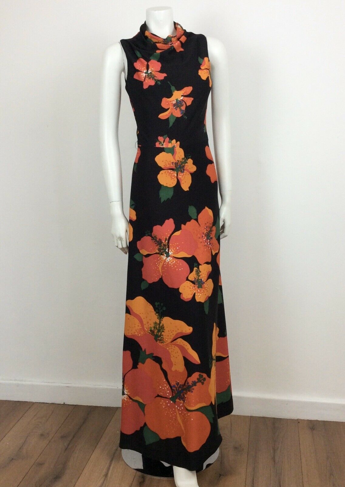 STUNNING VTG 60S 70S BLACK ORANGE RED PSYCHEDLIC FLOWER MAXI DRESS 10