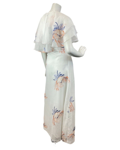 VINTAGE 60s 70s WHITE BLUE ORANGE FLORAL LEAFY EMBROIDERED BOHO MAXI DRESS 12