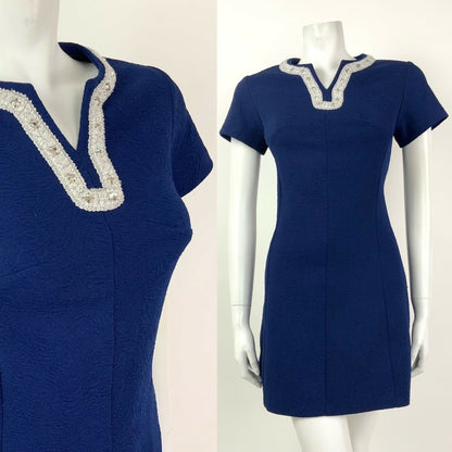 VINTAGE 60s 70s NAVY BLUE SILVER DIAMANTE WHITE TRIM SHORT DRESS 8 10