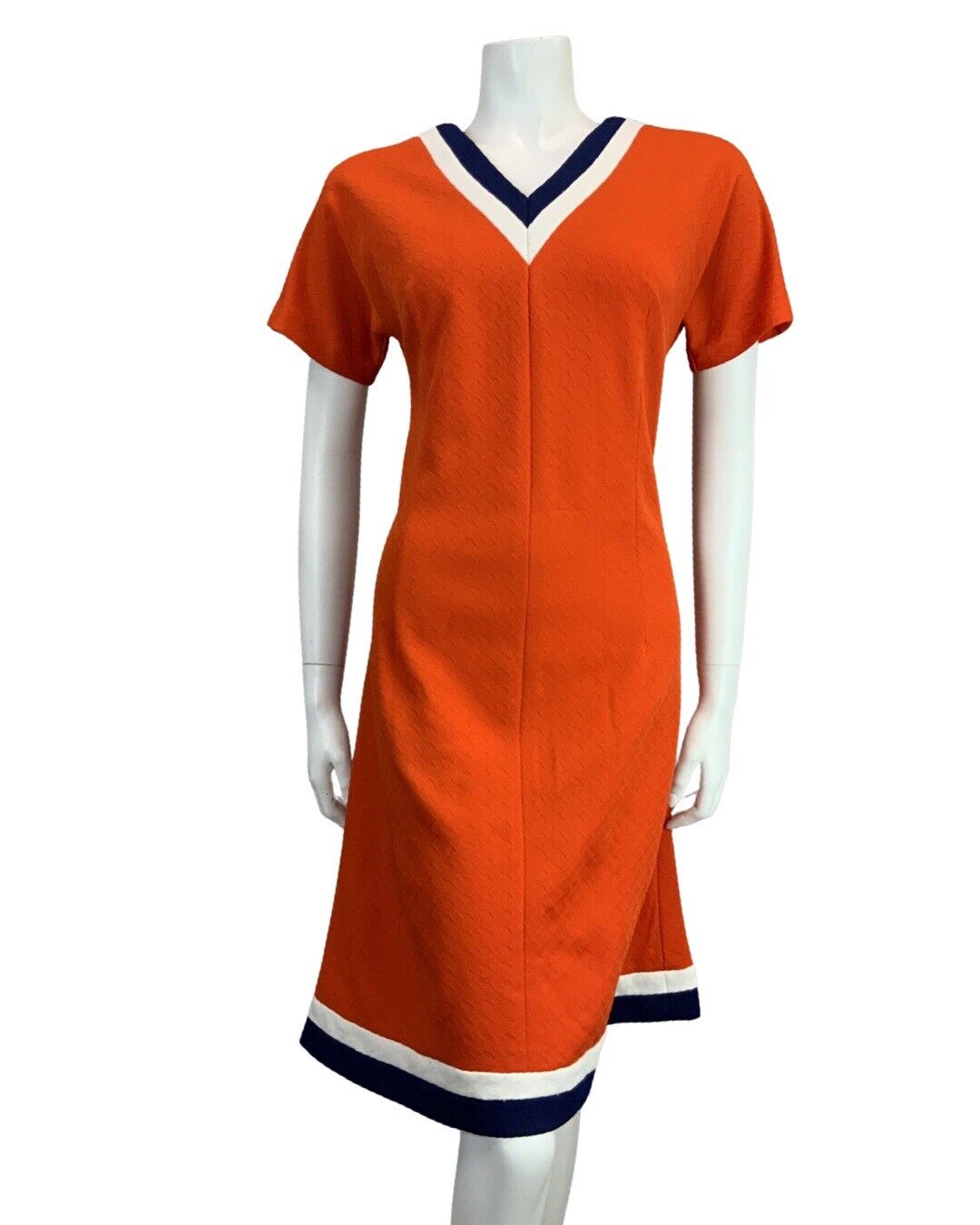 VINTAGE 60s 70s ORANGE NAVY BLUE WHITE MINI MOD NAUTICAL DRESS 10 12