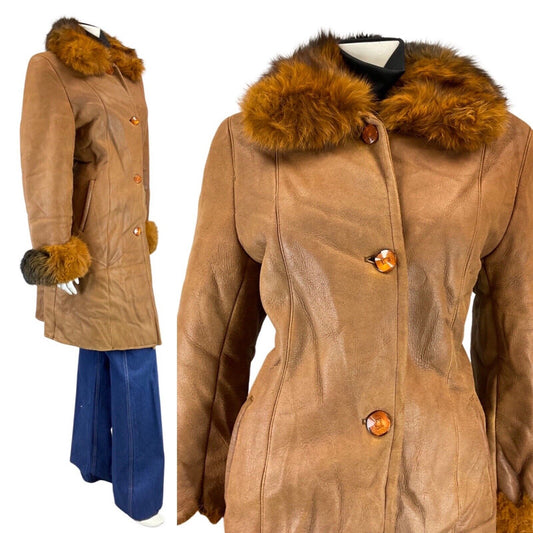 VINTAGE 70s 80s ORANGE BROWN FUR COLLAR MOD BOHO LEATHER COAT 14 16