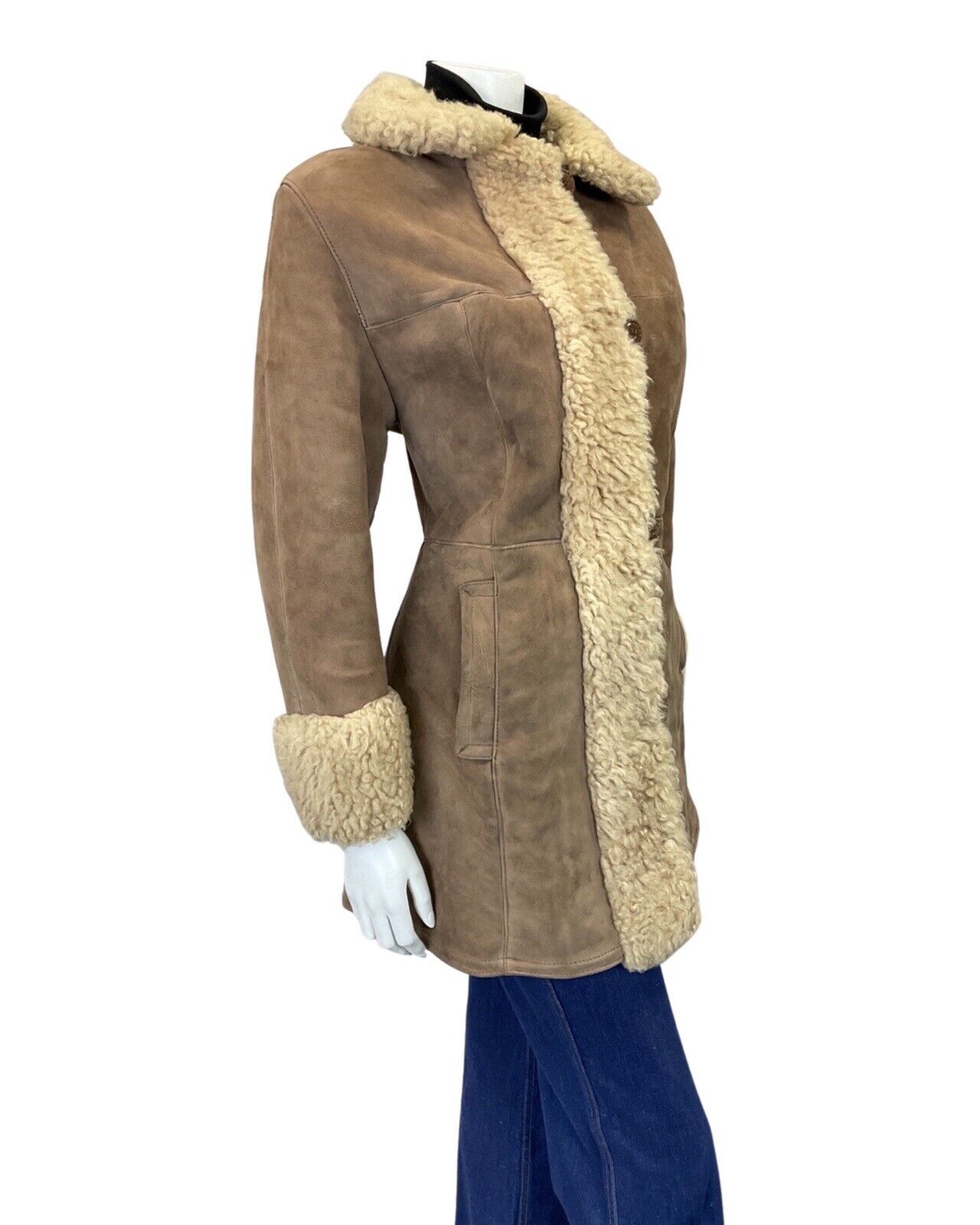 VINTAGE 60s 70s PEANUT BROWN SUEDE LEATHER MOD BOHO SHEARLING SHORT COAT 12