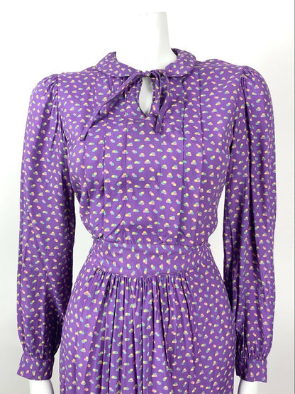 VINTAGE 60s 70s PURPLE GREEN PINK DOTTY DITSY PETER PAN BOW MIDI DRESS 8 10