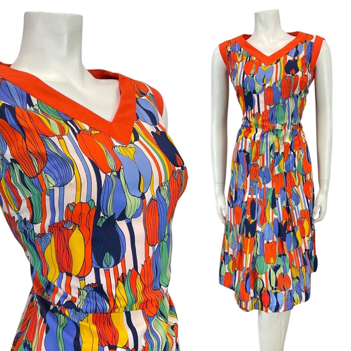 VINTAGE 60s 70s ORANGE BLUE GREEN TULIP FLOWER MOD SLEEVELESS DRESS 12