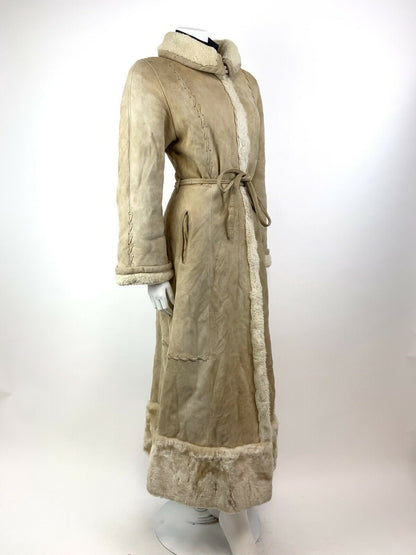 VINTAGE 60s 70s SAND CREAM SUEDE LEATHER SHEARLING BOHO FOLK PRINCESS COAT 10 12