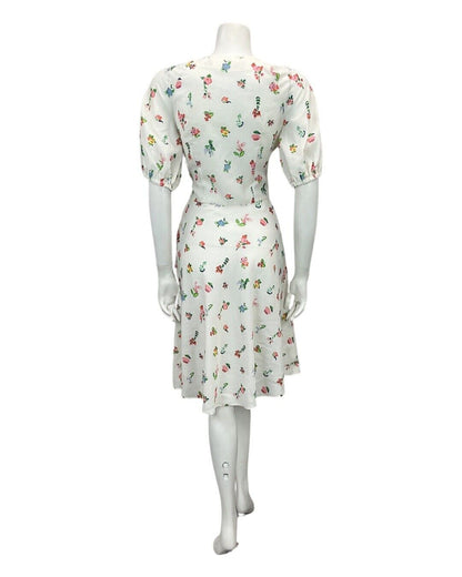 VINTAGE WHITE PINK GREEN YELLOW BLUE FLORAL PRINT MIDI DRESS 8 10