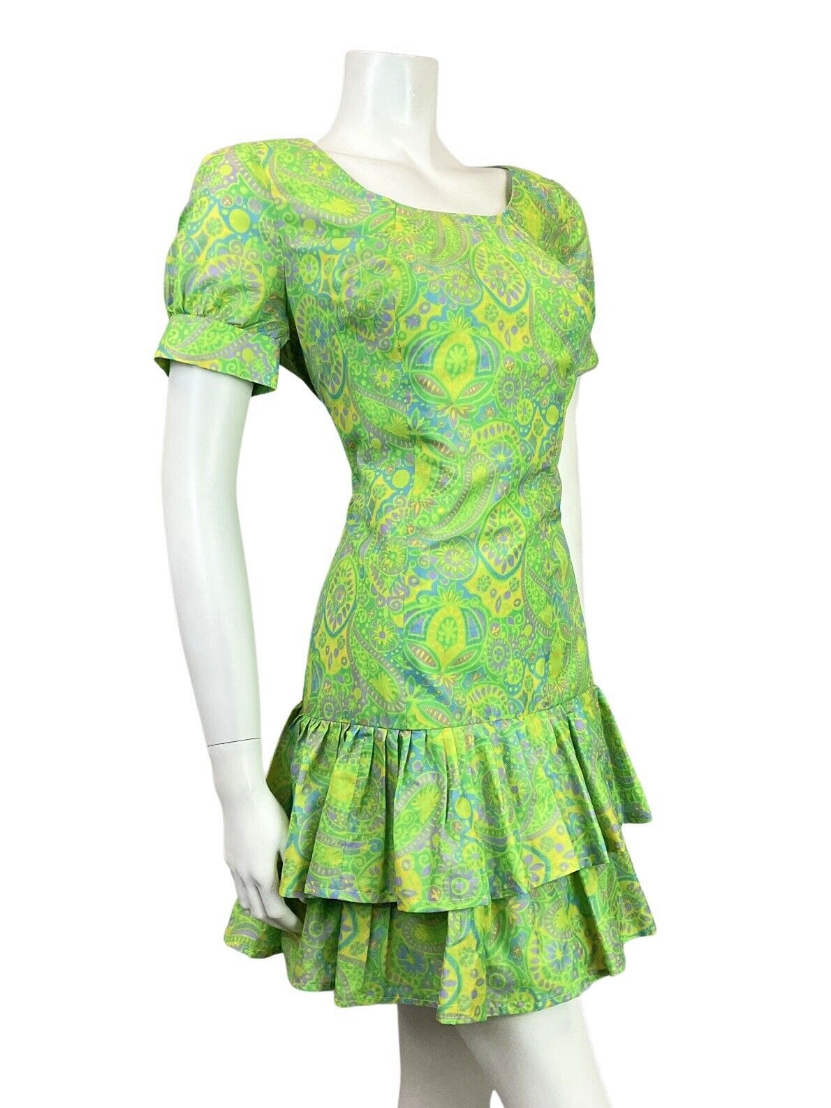 VTG 60s 70s GREEN LILAC YELLOW PSYCHEDELIC PAISLEY RUFFLED MOD MINI DRESS 12 14