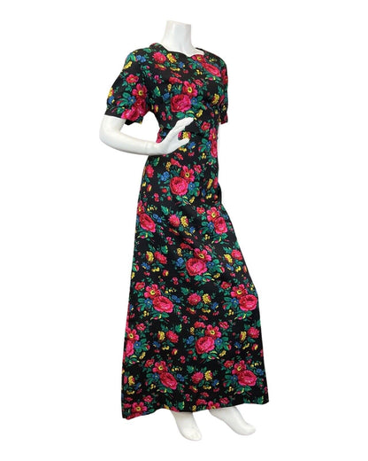 VNITAGE 60s 70s BLACK RED GREEN FLORAL ROSE SWEETHEART MOD MAXI DRESS 14 16