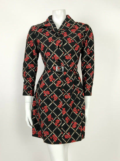 VTG 60s 70s BLACK WHITE BROWN RED GRID FLORAL POPPY WING COLLAR BELTED DRESS 12