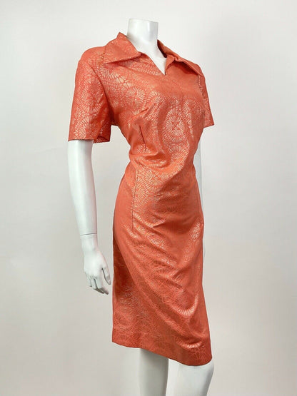 VTG 60s 70s ORANGE GOLD PSYCHEDELIC MANDALA MOD PARTY DAGGER SHIRT DRESS 14 16