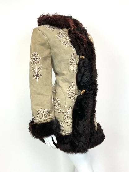 VTG 60s 70s BEIGE BROWN EMBROIDERED FLORAL HOODED TOGGLE BOHO FOLK COAT 14 16