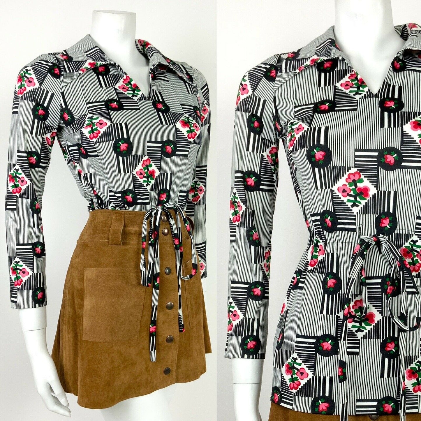 VINTAGE 60s 70s WHITE BLACK RED PINK STRIPED FLORAL WING COLLAR SHIRT TOP 6 8 10