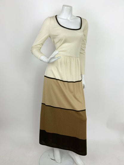 VTG 60s 70s CREAM BROWN GOLD COLOUR BLOCK FOLK BOHO MAXI DRESS 12 14