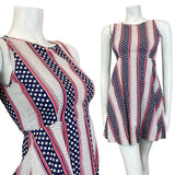 VINTAGE 60s 70s WHITE RED BLUE STRIPED POLKA-DOT DAISY SLEEVELESS MOD DRESS 6