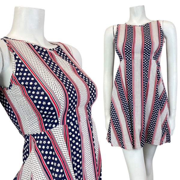 VINTAGE 60s 70s WHITE RED BLUE STRIPED POLKA-DOT DAISY SLEEVELESS MOD DRESS 6