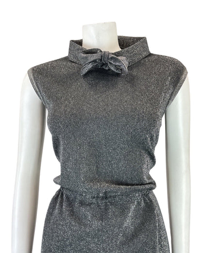 VINTAGE 60s 70s GREY SILVER LUREX GLITTER DISCO PARTY MOD SLEEVELESS DRESS 10 12