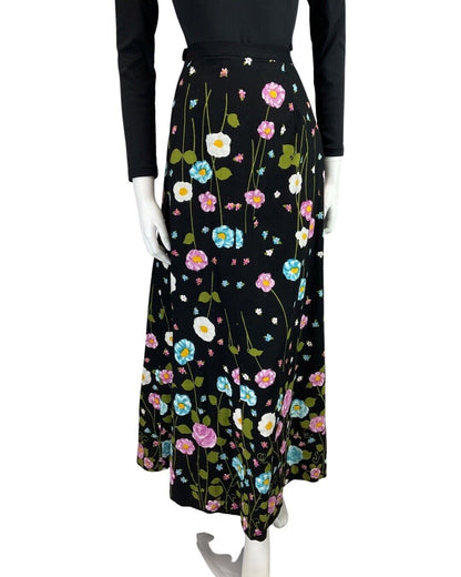 VINTAGE 60s 70s BLACK PINK BLUE FLORAL MOD DAISY ROSE MAXI SKIRT 8 10