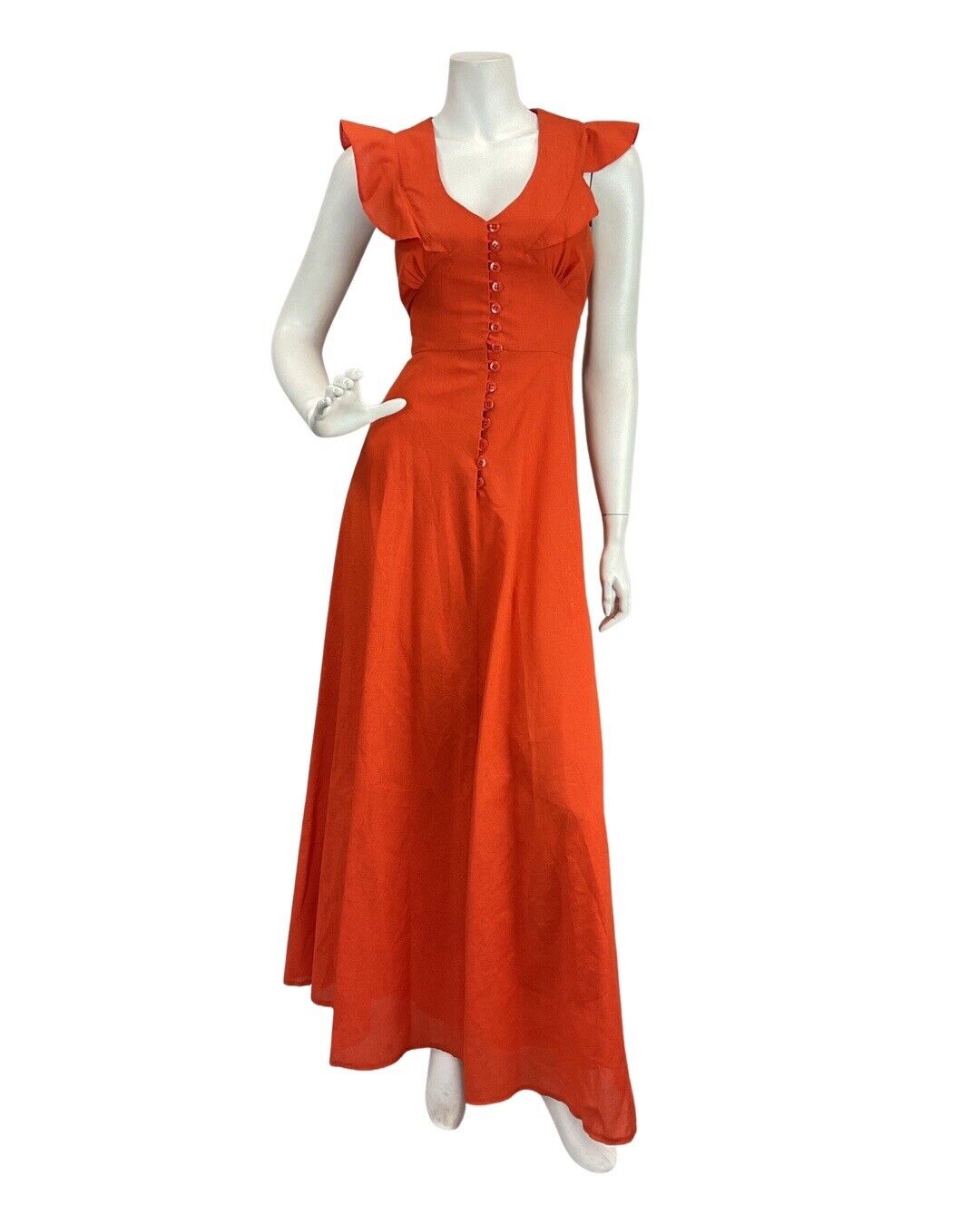 VINTAGE 60s 70s BRIGHT ORANGE BOHO MOD RUFFLED SLEEVELESS MAXI DRESS 8 10