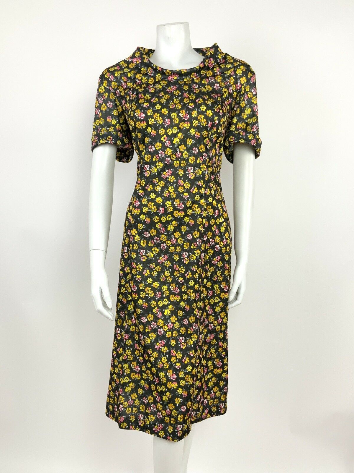 VINTAGE 60s 70s GREY YELLOW PINK WHITE FLORAL DITSY TURTLENECK SHIFT DRESS 14 16