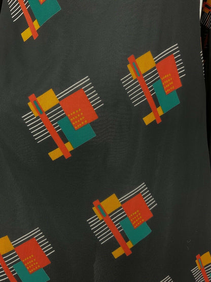 VTG 60s 70s BLACK ORANGE GREEN GEOMETRIC SHEER ANGEL SLEEVE EMPIRE LINE DRESS 8