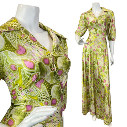 VINTAGE 60s 70s LIME GREEN PINK WHITE PSYCHEDELIC FLORAL COLLAR MAXI DRESS 10