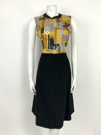 VTG 60s 70s MOD BLACK SILVER GOLD YELLOW GEOMETRIC SLEEVELESS DRESS 12 14