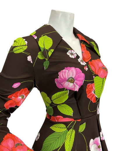 VINTAGE 60s 70s BROWN PINK GREEN FLORAL DAGGER COLLAR SHIRT MAXI DRESS 10