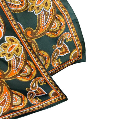 VINTAGE 60s 70s GREEN, ORANGE, GOLD, BROWN PAISLEY, GEOMETRIC PATTERN SILK SCARF