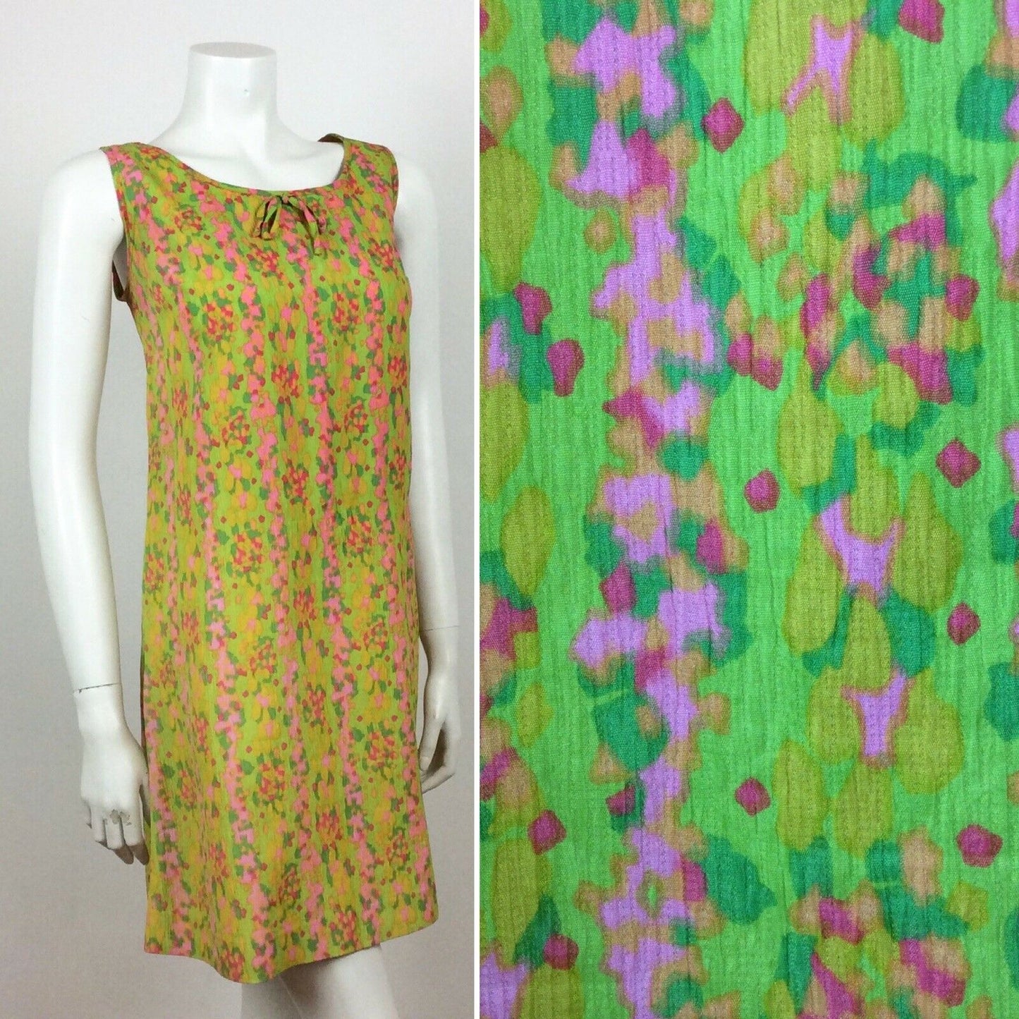 60S VINTAGE BRIGHT GREEN PINK PSYCHEDELIC  DRESS 12 14