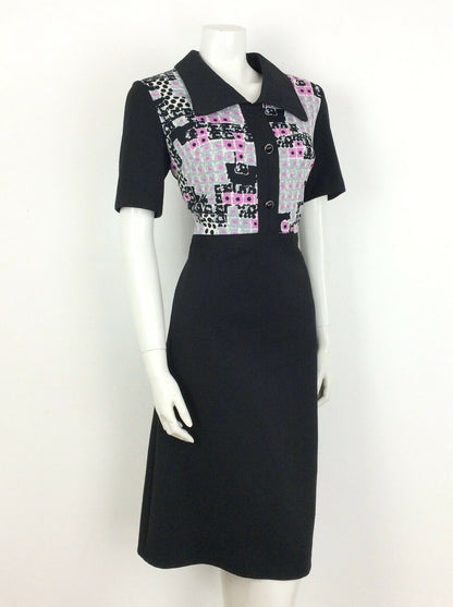 VINTAGE 60S BLACK PINK GREY WHITE ABSTRACT DAGGER COLLAR DRESS 14