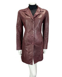 VINTAGE 60s 70s DARK PLUM BIG COLLAR LEATHER MOD TRENCH JACKET 14 16