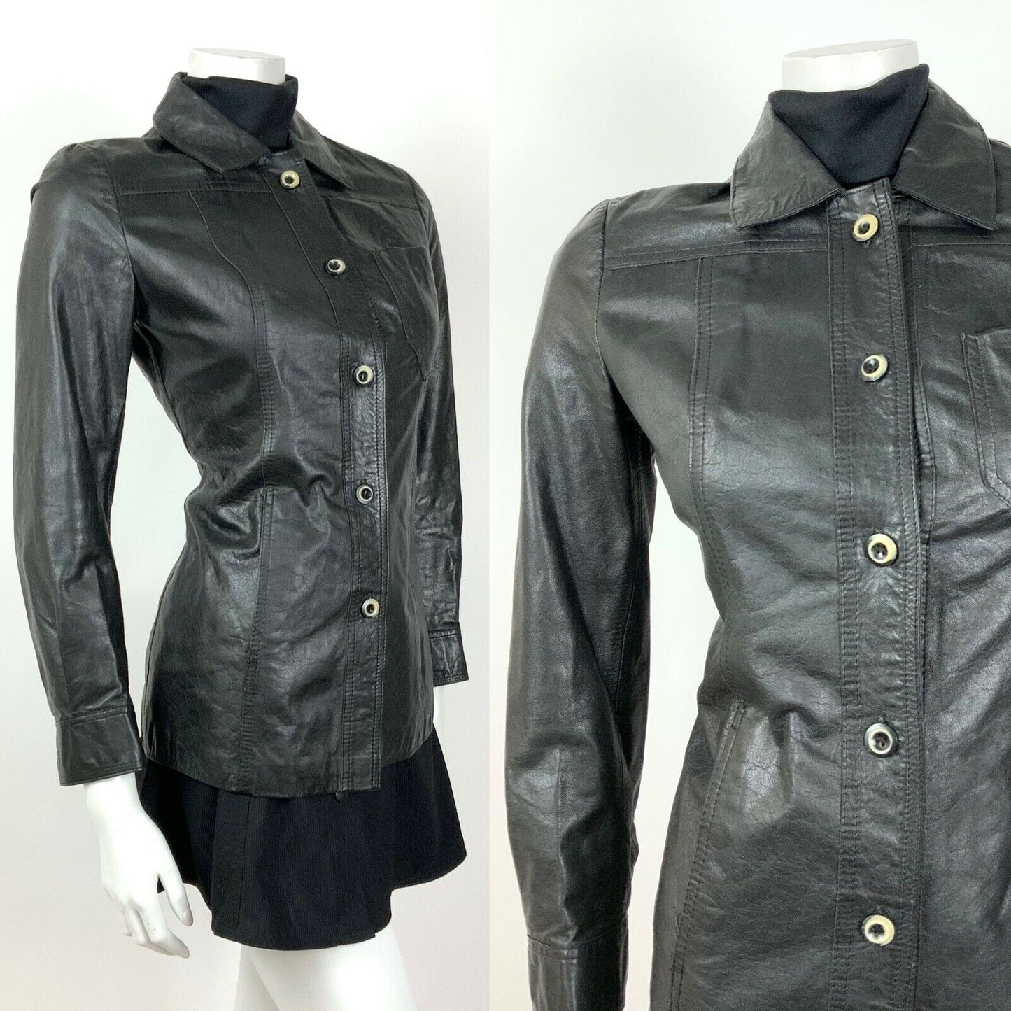 VINTAGE 60s 70s BLACK BUTTONED SHORT LEATHER JACKET 8 10