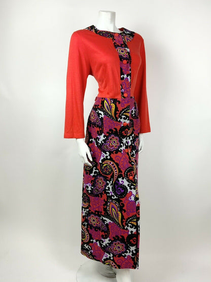 VTG 60s 70s RED BLACK PURPLE YELLOW PSYCHEDELIC FLORAL PAISLEY MAXI DRESS 16 18