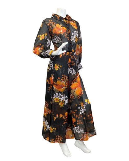 VTG 60s 70s BLACK ORANGE WHITE FLORAL PETER PAN COLLAR SHEER MAXI DRESS 16 18