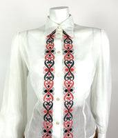 VINTAGE 60s 70s WHITE RED BLACK EMBROIDERED SWIRL MOD SHEER DAGGER BLOUSE 14 16