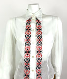 VINTAGE 60s 70s WHITE RED BLACK EMBROIDERED SWIRL MOD SHEER DAGGER BLOUSE 14 16