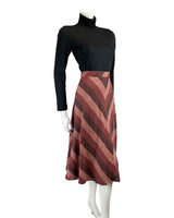 VINTAGE 60s 70s RED BROWN PINK STRIPED WOOL KNEE-LENGTH SWING SKIRT 8 10