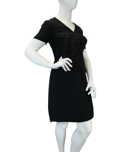 VINTAGE 60s 70s BLACK STARBURST BEADED SEQUINNED PARTY WOOL SHORT DRESS 14