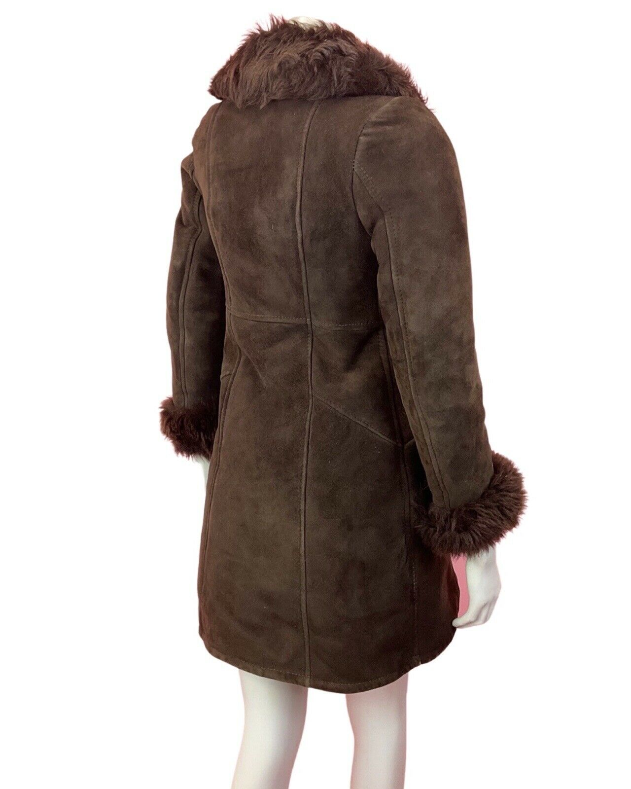 VINTAGE 60s 70s DARK BROWN SUEDE LEATHER PENNY LANE BOHO SHEARLING COAT 6 8