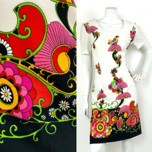 VTG 60s 70s WHITE BLACK PINK YELLOW RED FLORAL PSYCHEDELIC PAISLEY DRESS 12 14