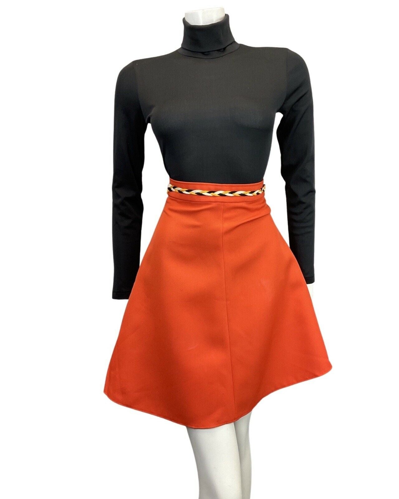 VINTAGE 60s 70s ORANGE BLACK WHITE BRAIDED MOD A-LINE SKIRT 4