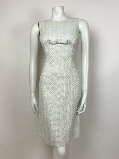 VTG 60s 70s WHITE SILVER LUREX CHEVRON DIAMANTE BOW COCKTAIL PARTY DRESS 10 12