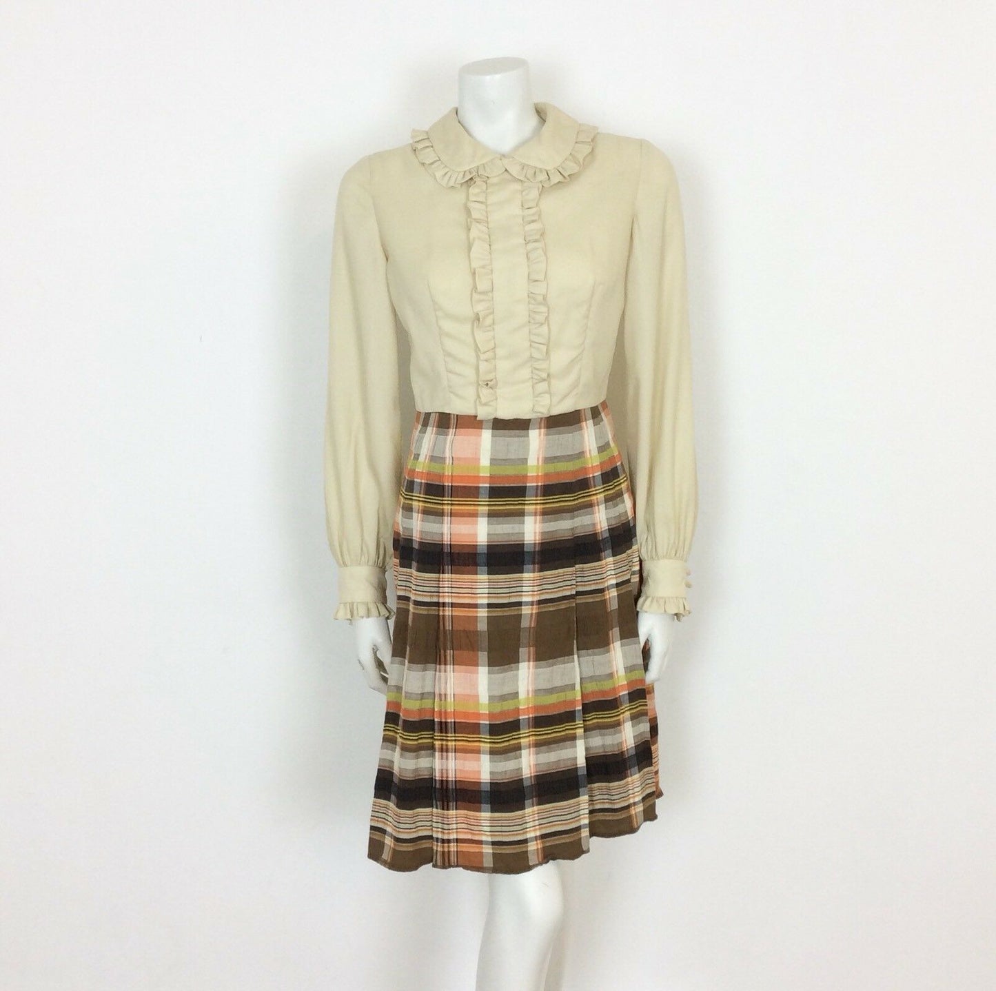 VINTAGE 60S CREAM,BROWN  PLAID TARTAN MAD MEN SECRETARY DAY DRESS 8 10