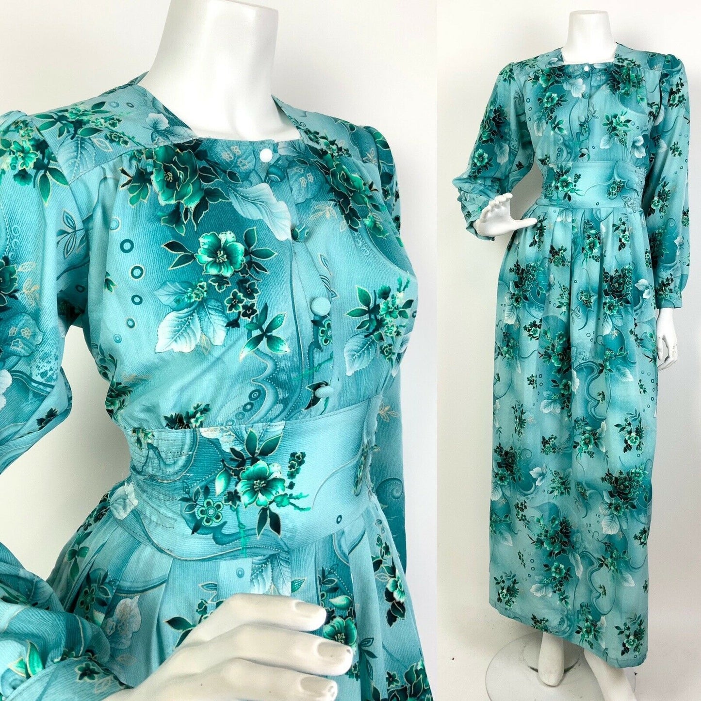 VINTAGE 60s 70s SEA BLUE GREEN GOLD FLORAL LEAFY SWIRL MAXI DRESS 14 16